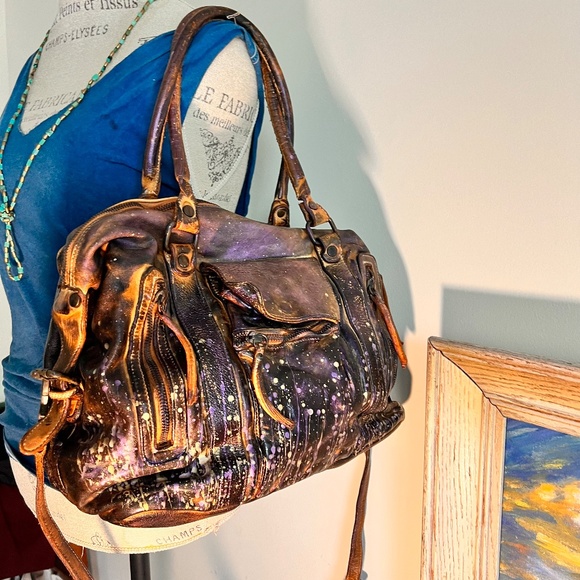 Italian leather bag, one of a kind hand painted medium/large boho bag